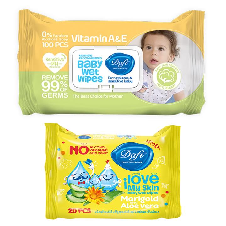 دستمال مرطوب کودک دافی مدل Sensitive بسته 100عددی به همراه دستمال مرطوب کودک دافی مدل i Love My Skin بسته 20عددی مجموعه 2عددی